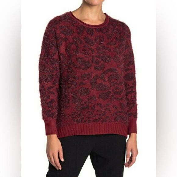 14 & Union Women’s Fuzzy Jacquard burgundy gray pattern Sweater Sz L - Picture 1 of 7